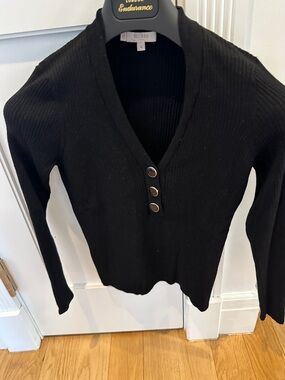 Hobbs Black Ribbed V-Neck Button Sweater